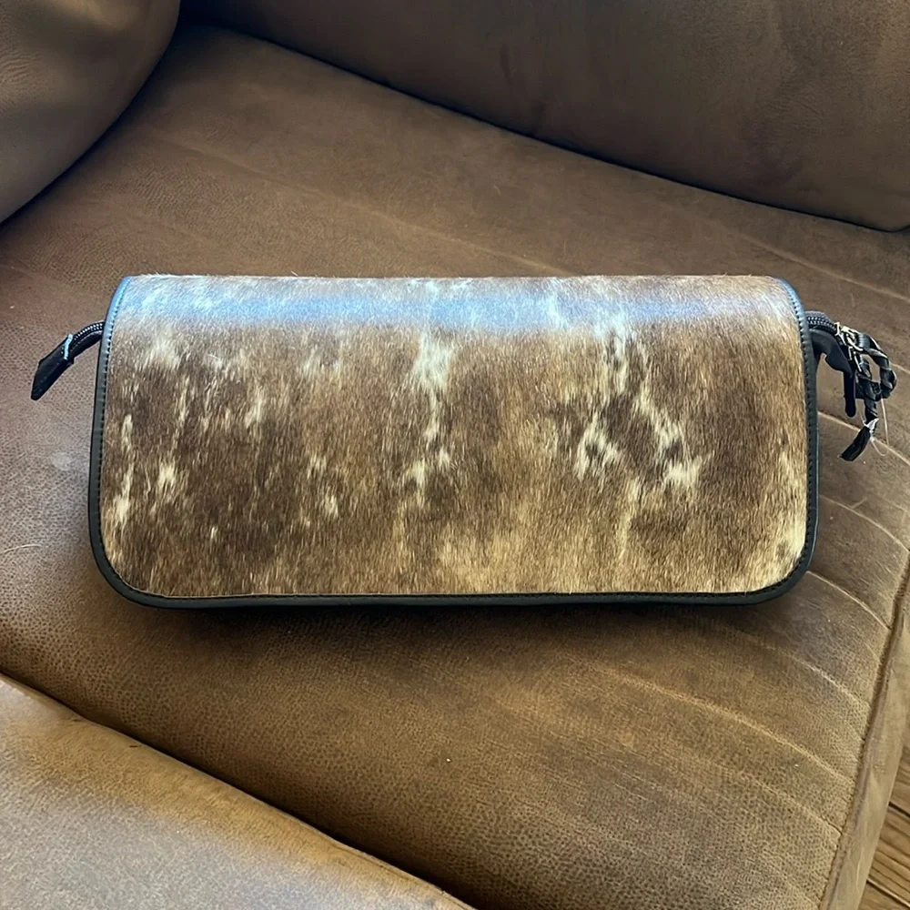 Cowhide Zip Cosmetic Pouch - Brown and White